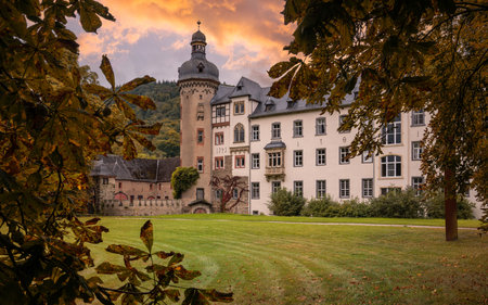 ANDERNACH, GERMANY - SEPTEMBER 27, 2021: Namedy castle close to Andernach against dramatic sky on September 27, 2021 in Rhineland-Palatinate, Germanyのeditorial素材