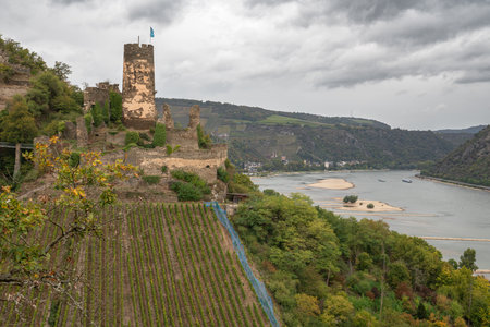 NIEDERHEIMBACH, GERMANY - OCTOBER 6, 2021: Panoramic image of Fuerstenberg castle close to the Rhine river on October 6, 2021 in Niederheimbach, Rhine valley, Germanyのeditorial素材