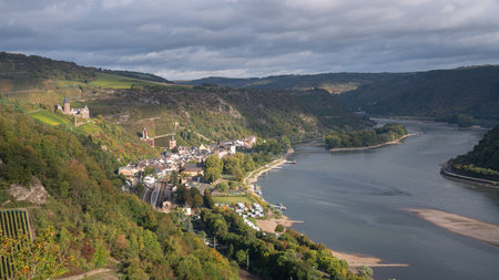 BACHARACH GERMANY - OCTOBER 6, 2021: Panoramic image of small town Bacharach close to the Rhine river on October 6, 2021 in the Rhine valley, Germanyのeditorial素材
