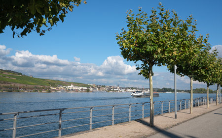 BINGEN, GERMANY - OCTOBER 7, 2021: Panoramic view from Bingen across the Rhine river to Ruedesheim on October 7, 2021 in Germanyのeditorial素材