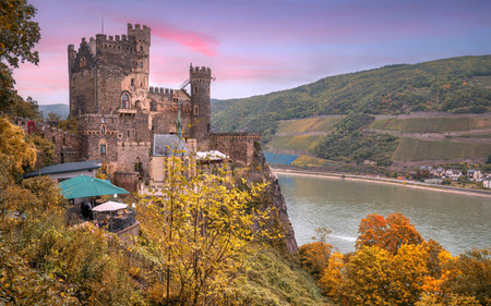 TRECHTINGSHAUSEN, GERMANY - OCTOBER 7, 2021: Rheinstein castle close to the Rhine river on October 7, 2021 in Trechtingshausen, Rhine valley, Germanyのeditorial素材