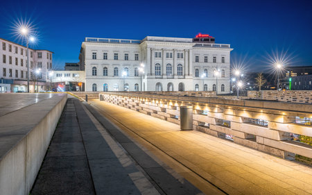 WUPPERTAL, GERMANY - DECEMBER 14, 2022: Historic buildings around the central train station of Wuppertal at night on December 14, 2022 in Bergisches Land, Germanyのeditorial素材