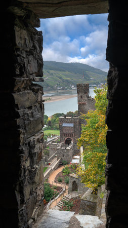 TRECHTINGSHAUSEN, GERMANY - OCTOBER 7, 2021: Reichenstein castle close to the Rhine river on October 7, 2021 in Trechtingshausen, Rhine valley, Germanyのeditorial素材