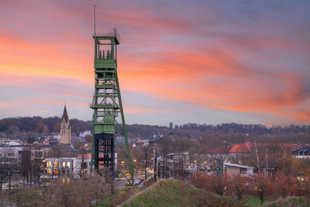CASTROP-RAUXEL, GERMANY - DECEMBER 7, 2022: Old headframe of Erin pit, landmark of Ruhr Metropolis Castrop-Rauxel against evening sky on December 7, 2022 in Germanyのeditorial素材