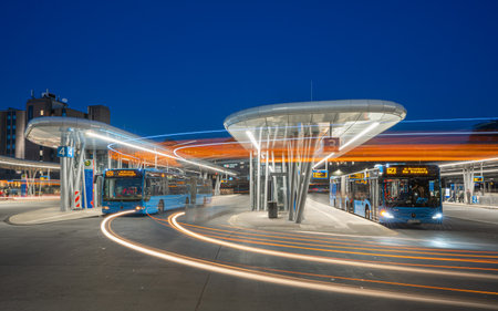 WUPPERTAL, GERMANY - DECEMBER 14, 2022: Light trails around the central bus station on December 14, 2022 in Wuppertal, Bergisches Land, Germanyのeditorial素材