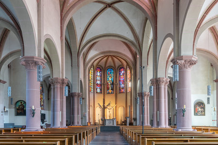 BERGISCH GLADBACH, GERMANY - JULY 31, 2020: View throught the main aisle of the Parish church Saint Nicholas on July 31, 2020 in Bergisch Gladbach, Germanyのeditorial素材