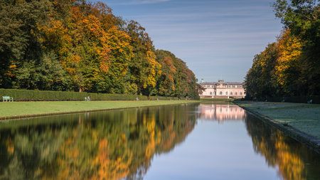 DUSSELDORF, GERMANY - OCTOBER 19, 2022: Panoramic image of Benrath castle during autumn against blue sky on October 19, 2022 in Dusseldorf, Germanyのeditorial素材