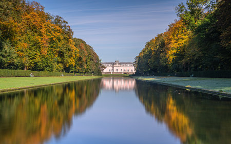 DUSSELDORF, GERMANY - OCTOBER 19, 2022: Panoramic image of Benrath castle during autumn against blue sky on October 19, 2022 in Dusseldorf, Germanyのeditorial素材