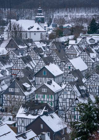 FREUDENBERG, GERMANY - JANUARY 23, 2023: Historic district of Freudenberg with half-timbered houses on a winter day on January 23, 2023 in North Rhine Westphalia, Germanyのeditorial素材