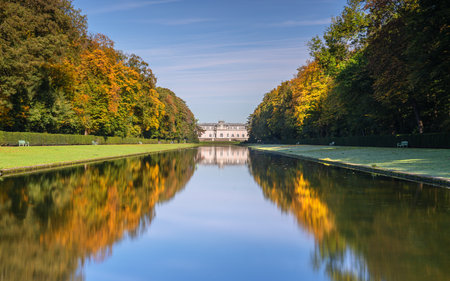 DUSSELDORF, GERMANY - OCTOBER 19, 2022: Panoramic image of Benrath castle during autumn against blue sky on October 19, 2022 in Dusseldorf, Germanyのeditorial素材