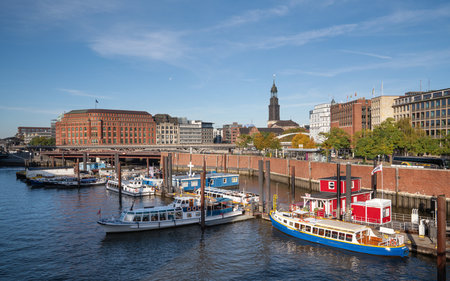 HAMBURG, GERMANY - OCTOBER 24, 2021: Panoramic image of cityscape of Hamburg close to the Elbe river on October 24, 2021 in Germanyのeditorial素材