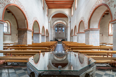 ODENTHAL, GERMANY - AUGUST 14, 2020: View throught the main aisle of the Parish church Saint Pancras on August 14, 2020 in Odenthal, Germanyのeditorial素材