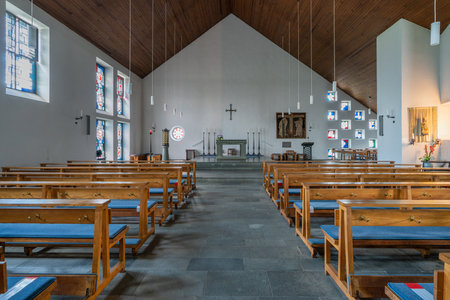 ODENTHAL, GERMANY - JULY 20, 2020: View throught the main aisle of the Parish church Saint Michael on July 20, 2020 in Odenthal, Germanyのeditorial素材