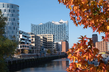 HAMBURG, GERMANY - OCTOBER 24, 2021: Famous philharmonic building in the harbor quarter of Hamburg on October 24, 2021 in Germanyのeditorial素材