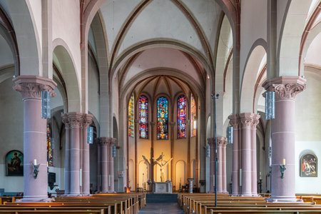BERGISCH GLADBACH, GERMANY - JULY 31, 2020: View throught the main aisle of the Parish church Saint Nicholas on July 31, 2020 in Bergisch Gladbach, Germanyのeditorial素材