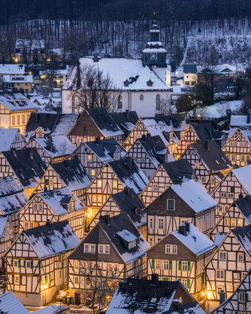 FREUDENBERG, GERMANY - JANUARY 23, 2023: Historic district of Freudenberg with half-timbered houses on a winter day on January 23, 2023 in North Rhine Westphalia, Germanyのeditorial素材