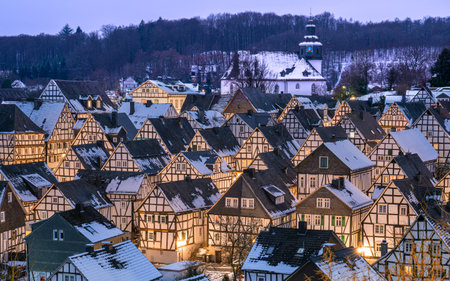 FREUDENBERG, GERMANY - JANUARY 24, 2023: Historic district of Freudenberg with half-timbered houses on a winter day on January 24, 2023 in North Rhine Westphalia, Germanyのeditorial素材