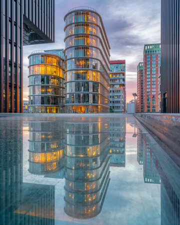 DUSSELDORF, GERMANY - NOVEMBER 10, 2022: Panoramic image of modern buildings in the media harbor of...