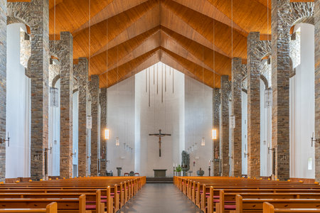 BERGISCH GLADBACH, GERMANY - JULY 30, 2020: View throught the main aisle of the Parish church Saint Conrad on July 30, 2020 in Bergisch Gladbach, Germanyのeditorial素材