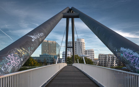 DUSSELDORF, GERMANY - NOVEMBER 10, 2022: Panoramic image of modern buildings in the media harbor of Dusseldorf on November 10, 2022 in Germany, Europeのeditorial素材
