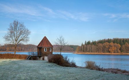 Panoramic image of Kerspe lake close to Marienheide during winter, Bergisches Land, Germanyの写真素材