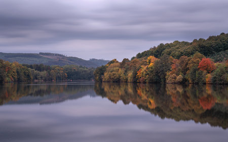 Panoramic image of Lake Henne during autumn, Sauerland, Germanyの写真素材