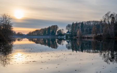 Panoramic image of Silver lake close to Wipperfurth during winter, Bergisches Land, Germanyの写真素材