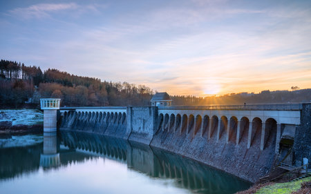 Panoramic image of Lister lake on a cold winter day at sunset, Sauerland, Germanyの写真素材