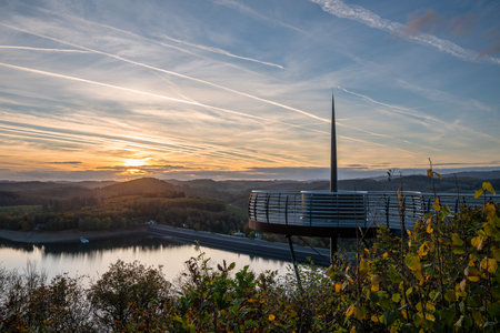 Panoramic image of view point Bigge lake during sunset, recreation and hiking area of Sauerland, Germanyの写真素材