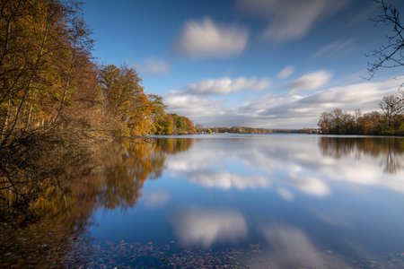 Panoramic image of Unterbach lake close to Dusseldorf during autumn, Germanyの写真素材