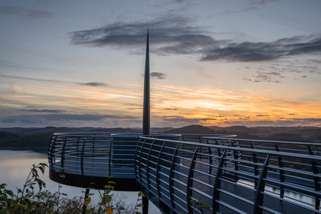 Panoramic image of view point Bigge lake during sunset, recreation and hiking area of Sauerland, Germanyの写真素材