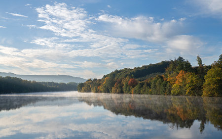 Panoramic image of Lake Henne close to Meschede; Sauerland, Germanyの写真素材