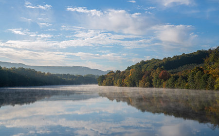 Panoramic image of Lake Henne close to Meschede; Sauerland, Germanyの写真素材