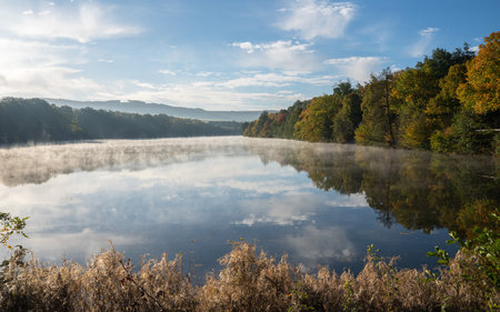 Panoramic image of Lake Henne close to Meschede; Sauerland, Germanyの写真素材