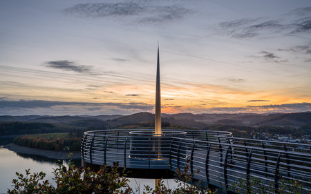 Panoramic image of view point Bigge lake during sunset, recreation and hiking area of Sauerland, Germanyの写真素材