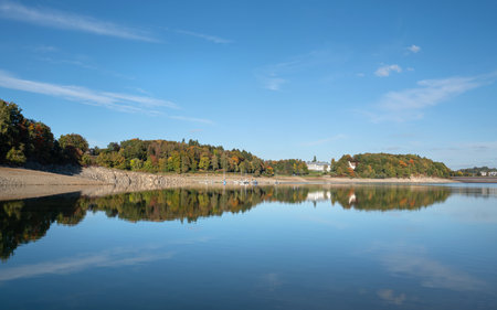 Panoramic image of Lake Henne close to Meschede; Sauerland, Germanyの写真素材