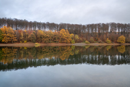 Panoramic image of Lingese lake close to Marienheide in evening light during autumn, Bergisches Land, Germanyの写真素材