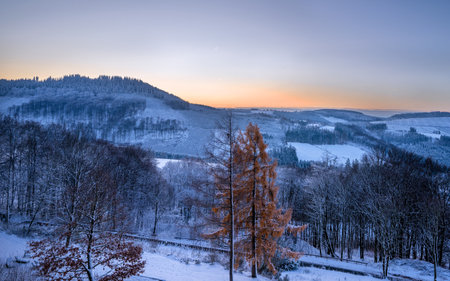 Panoramic image of winter landscape during sunrise, Schmallenberg, Sauerland, Germanyの写真素材