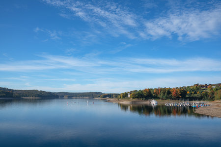SUNDERN, GERMANY - OCTOBER 12, 2022: Panoramic image of Lake Sorpe close to Sundern on October 12, 2022 in Sauerland, Germanyの写真素材