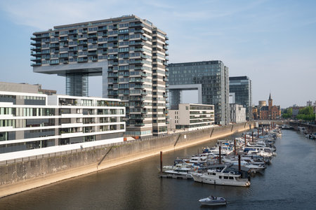 COLOGNE, GERMANY - APRIL 24, 2020: Panoramic image of modern buildings in the harbor of Cologne on April 24, 2020 in Germany, Europeのeditorial素材