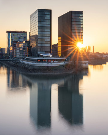 DUSSELDORF, GERMANY - FEBRUARY 14, 2023: Panoramic image of modern buildings in the media harbor of Dusseldorf on February 14, 2023 in Germany, Europeのeditorial素材
