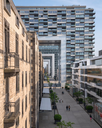COLOGNE, GERMANY - APRIL 24, 2020: Panoramic image of modern buildings in the harbor of Cologne on April 24, 2020 in Germany, Europeのeditorial素材