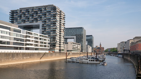 COLOGNE, GERMANY - APRIL 24, 2020: Panoramic image of modern buildings in the harbor of Cologne on April 24, 2020 in Germany, Europeのeditorial素材