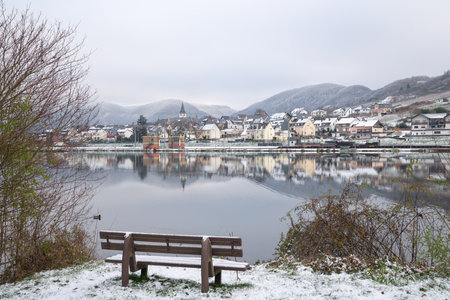 BRUTTIG-FANKEL, GERMANY - DECEMBER 17, 2022: Panoramic image of Bruttig-Fankel on a cold and foggy winter day on December 17, 2022 in Rhineland-Palatinate, Germanyのeditorial素材