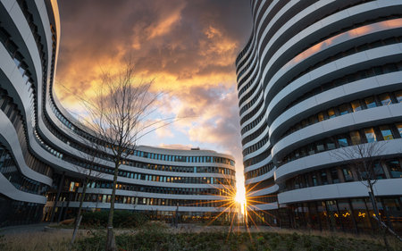 DUSSELDORF, GERMANY - MARCH 2, 2023: Panoramic image of modern buildings in the media harbor of Dusseldorf on March 2, 2023 in Germany, Europeのeditorial素材