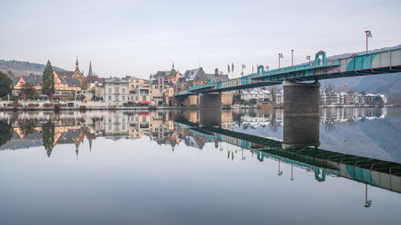 TRABEN-TRARBACH, GERMANY - DECEMBER 18, 2022: Panoramic image of Traben-Trarbach on a cold and foggy winter day on December 18, 2022 in Rhineland-Palatinate, Germanyのeditorial素材