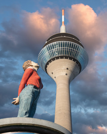 DUSSELDORF, GERMANY - MARCH 2, 2023: Rhine tower against cloudy sky on March 2, 2023 in Dusseldorf, Germany, Europeのeditorial素材