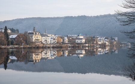 TRABEN-TRARBACH, GERMANY - DECEMBER 18, 2022: Panoramic image of Traben-Trarbach on a cold and foggy winter day on December 18, 2022 in Rhineland-Palatinate, Germanyのeditorial素材