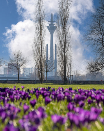 DUSSELDORF, GERMANY - MARCH 2, 2023: Springtime in the Rhine meadows with Rhine tower in the background on March 2, 2023 in Dusseldorf, Germany, Europeのeditorial素材