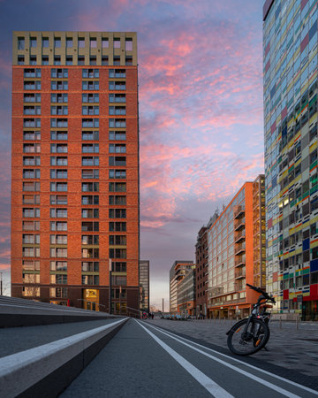 DUSSELDORF, GERMANY - MARCH 13, 2023: Panoramic image of modern buildings in the media harbor of Dusseldorf on March 13, 2023 in Germany, Europeのeditorial素材